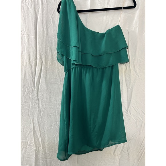 Buttons Mini Dress Womens Size XS One Shoulder Solid Green Ruffles - Picture 5 of 9